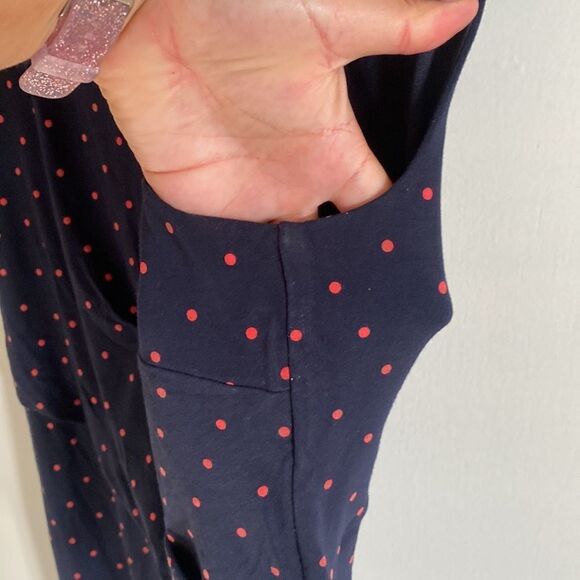 Ann Taylor Navy Polkadot Lined Dress with side ruching detail. - Size 10 - Picture 9 of 10